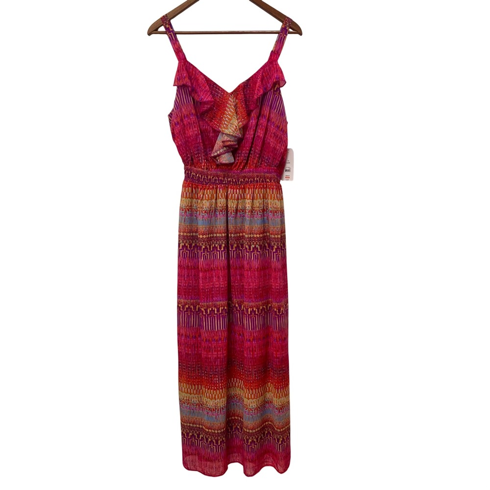 Faded Glory Womens Ruffle Maxi Dress‎ Orange Combo Tribal Print 1X 16W NWT Boho